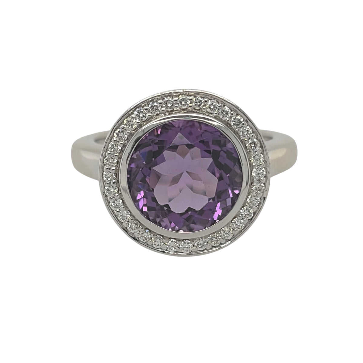 18ct White Gold Diamond & Amethyst Halo Ring