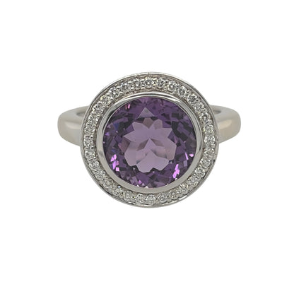 18ct White Gold Diamond & Amethyst Halo Ring