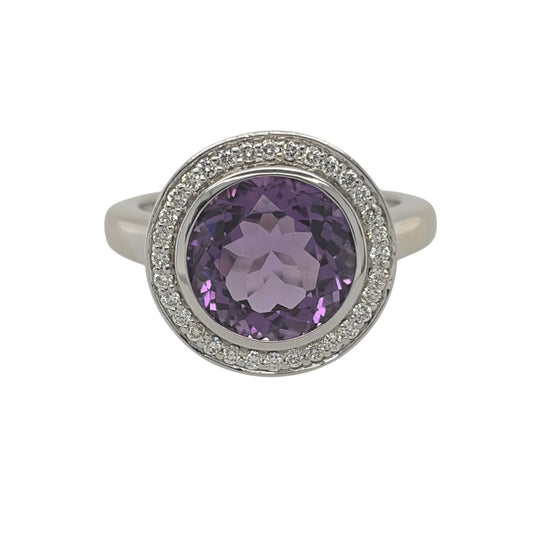 18ct White Gold Diamond & Amethyst Halo Ring