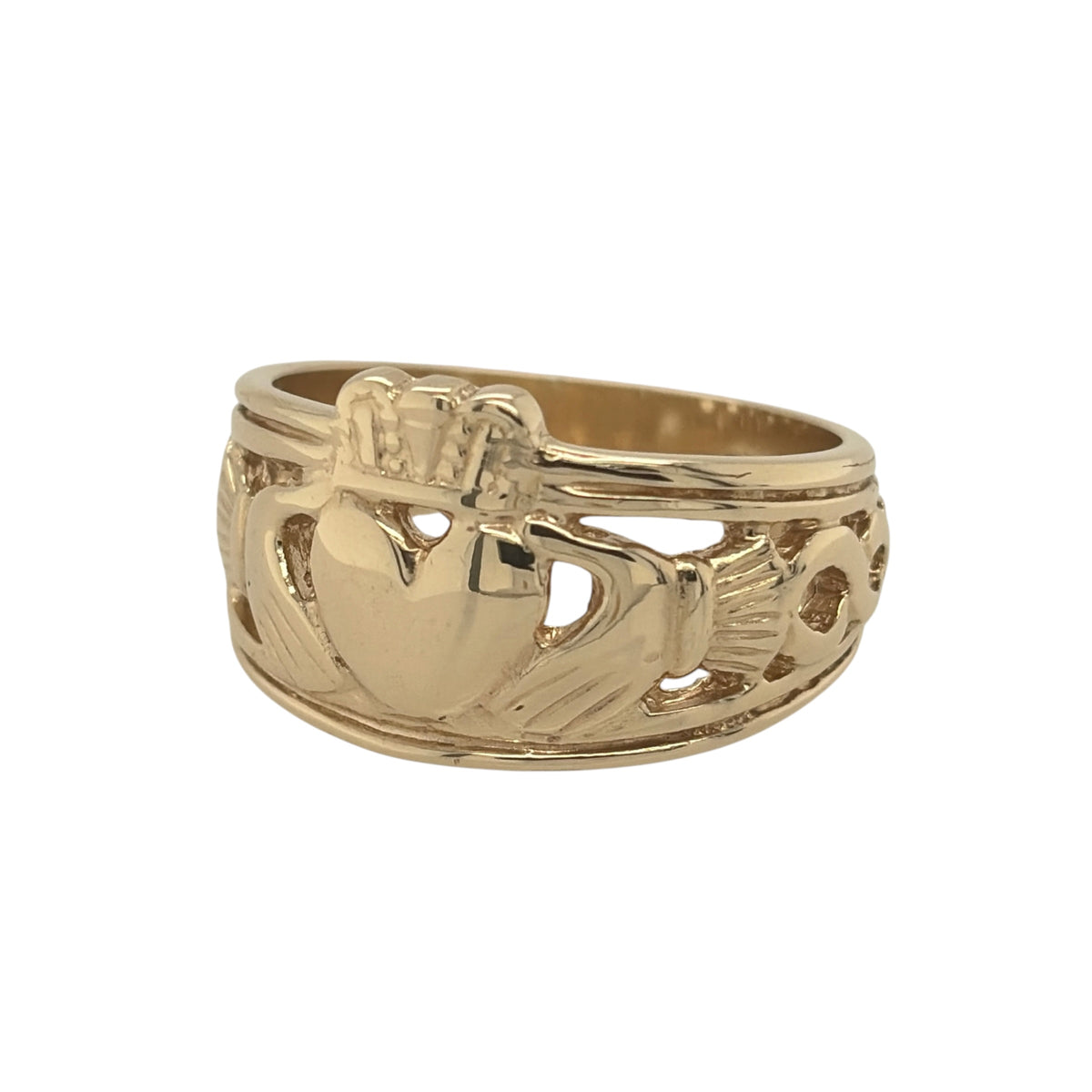 This pre-owned 9ct yellow gold Claddagh ring is a traditional symbolic design, featuring the iconic heart, hands and crown motif.

Design: Featuring a classic Claddagh design, this ring displays the traditional heart, hands and crown symbols, representing love, friendship and loyalty.
Material: Made from 9-carat yellow gold.
Ring Detail: The front of the ring measures approximately 13mm high and features the traditional Claddagh motif.
Size & Weight: Ring size T. Total weight 7.30 grams.