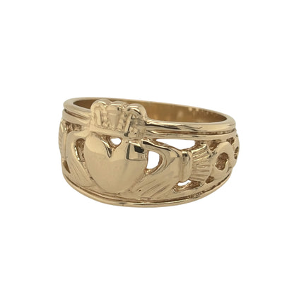 This pre-owned 9ct yellow gold Claddagh ring is a traditional symbolic design, featuring the iconic heart, hands and crown motif.

Design: Featuring a classic Claddagh design, this ring displays the traditional heart, hands and crown symbols, representing love, friendship and loyalty.
Material: Made from 9-carat yellow gold.
Ring Detail: The front of the ring measures approximately 13mm high and features the traditional Claddagh motif.
Size & Weight: Ring size T. Total weight 7.30 grams.