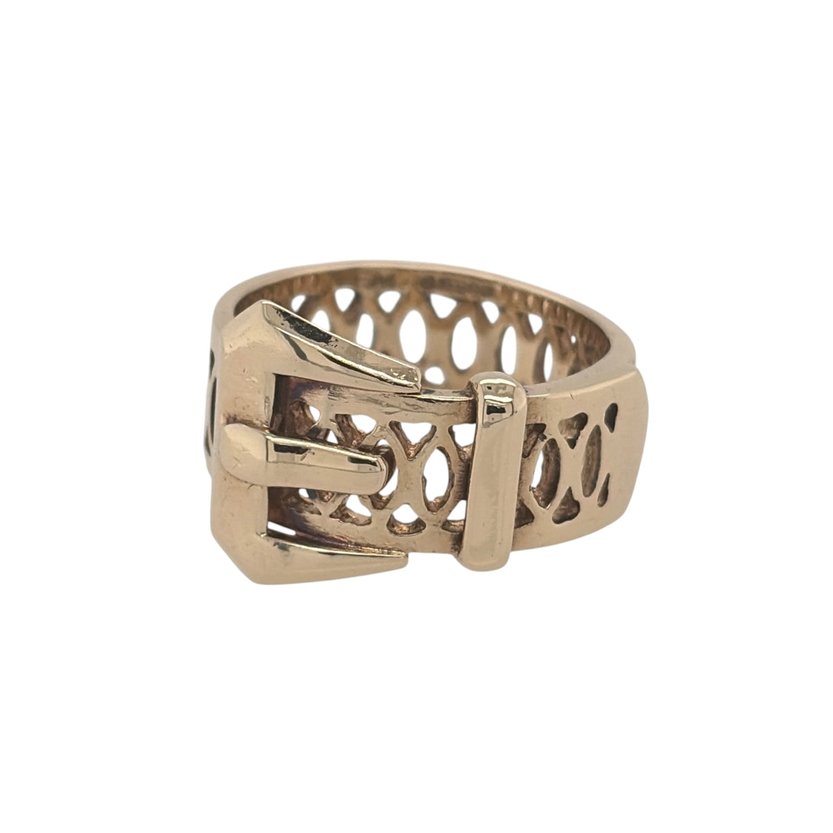 This pre-owned 9ct yellow gold buckle ring is a distinctive traditional design, featuring a decorative buckle motif across the front.

Design: Featuring a classic buckle-style design, this ring has a detailed belt and buckle appearance finished in warm 9ct yellow gold.
Material: Made from 9-carat yellow gold.
Ring Detail: The front of the buckle design measures approximately 12mm high.
Size & Weight: Ring size J. Total weight 3.90 grams.