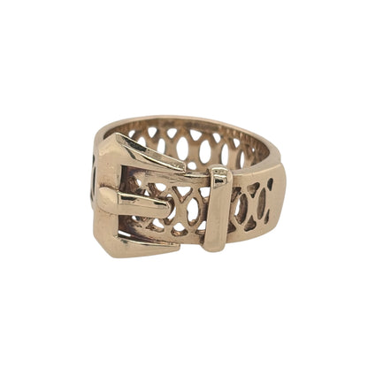 This pre-owned 9ct yellow gold buckle ring is a distinctive traditional design, featuring a decorative buckle motif across the front.

Design: Featuring a classic buckle-style design, this ring has a detailed belt and buckle appearance finished in warm 9ct yellow gold.
Material: Made from 9-carat yellow gold.
Ring Detail: The front of the buckle design measures approximately 12mm high.
Size & Weight: Ring size J. Total weight 3.90 grams.