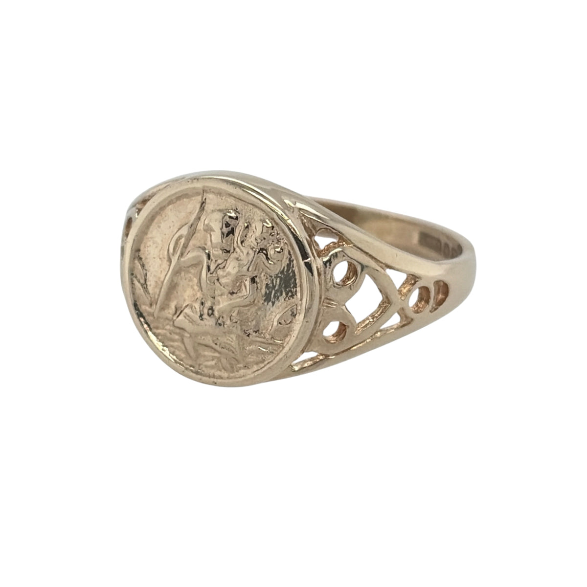 This pre-owned 9ct yellow gold St Christopher round signet ring is a traditional symbolic design, featuring a St Christopher motif across the front.

Design: Featuring a classic round signet-style profile, this ring displays a St Christopher motif finished in warm 9ct yellow gold.
Material: Made from 9-carat yellow gold.
Ring Detail: The round front of the ring measures approximately 10mm high and features a St Christopher design.
Size & Weight: Ring size J. Total weight 1.90 grams.