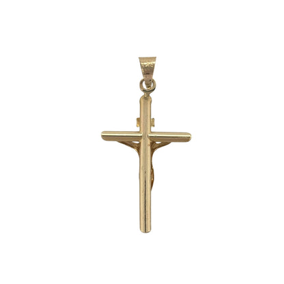This pre-owned 9ct yellow gold crucifix pendant is a traditional religious design, featuring a classic crucifix finished in warm yellow gold.

Design: Featuring a traditional crucifix design with a detailed figure of Jesus on the cross, this pendant has a timeless and meaningful appearance.
Material: Made from 9-carat yellow gold.
Pendant Detail: The bail measures approximately 4mm by 2mm.
Size & Weight: Total weight 0.60 grams.