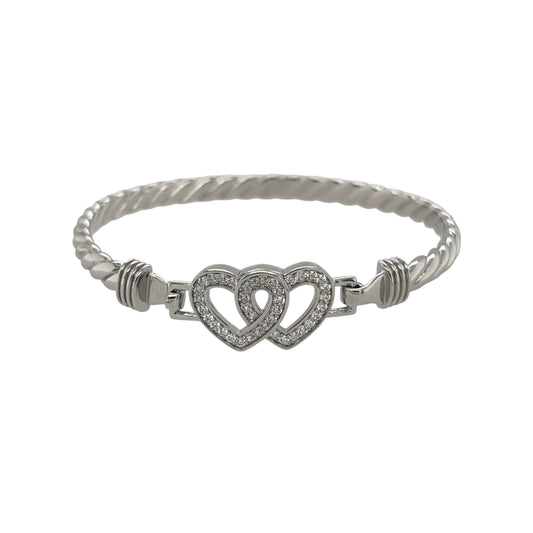 New 925 Silver & Cubic Zirconia Set Children's Double Heart Bangle