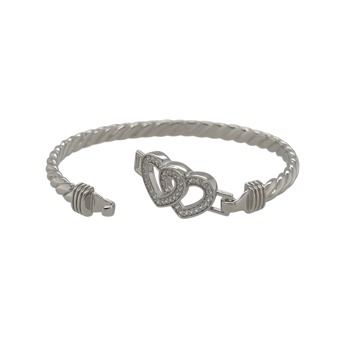 This new 925 sterling silver cubic zirconia set children’s double heart twisted bangle is a pretty design, featuring two heart details across the front.

Design: Featuring a twisted bangle design with a double heart centrepiece, this children’s bangle has a polished silver finish with cubic zirconia detailing.
Material: Made from 925 sterling silver.
Gemstone Detail: Set with cubic zirconia stones for added detail across the design.