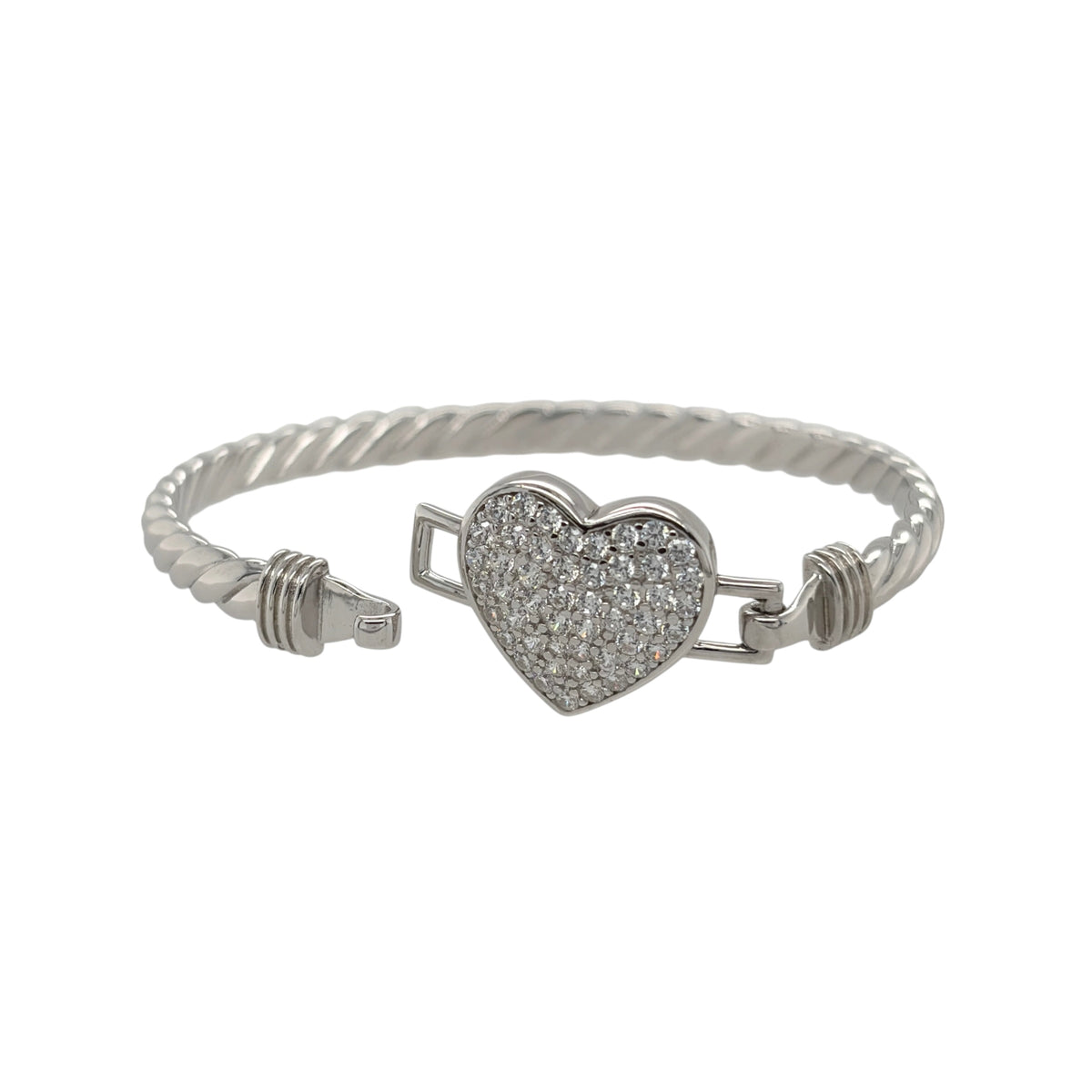 This new 925 sterling silver cubic zirconia set children’s heart twisted bangle is a pretty design, featuring a heart centrepiece with stone detailing.

Design: Featuring a twisted bangle design with a heart centrepiece, this children’s bangle has a polished silver finish with cubic zirconia detailing.
Material: Made from 925 sterling silver.
Gemstone Detail: Set with cubic zirconia stones for added detail across the heart design.
Bangle Detail: The front of the bangle measures approximately 15mm high.
