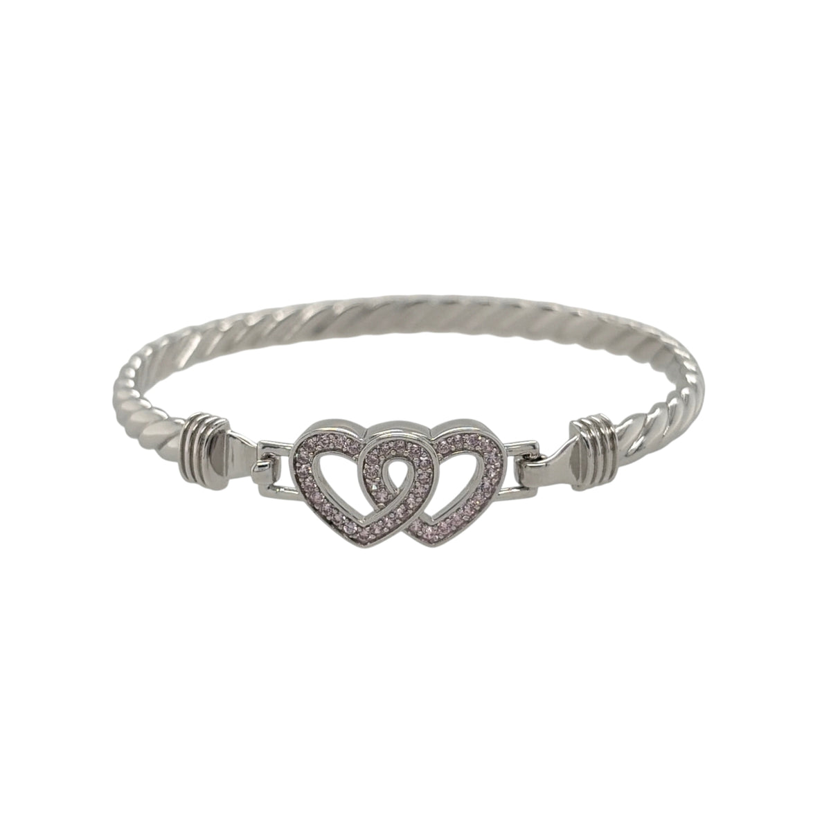 New 925 Silver & Pink Cubic Zirconia Set Children's Double Heart Bangle