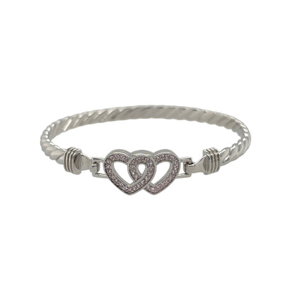 New 925 Silver & Pink Cubic Zirconia Set Children's Double Heart Bangle