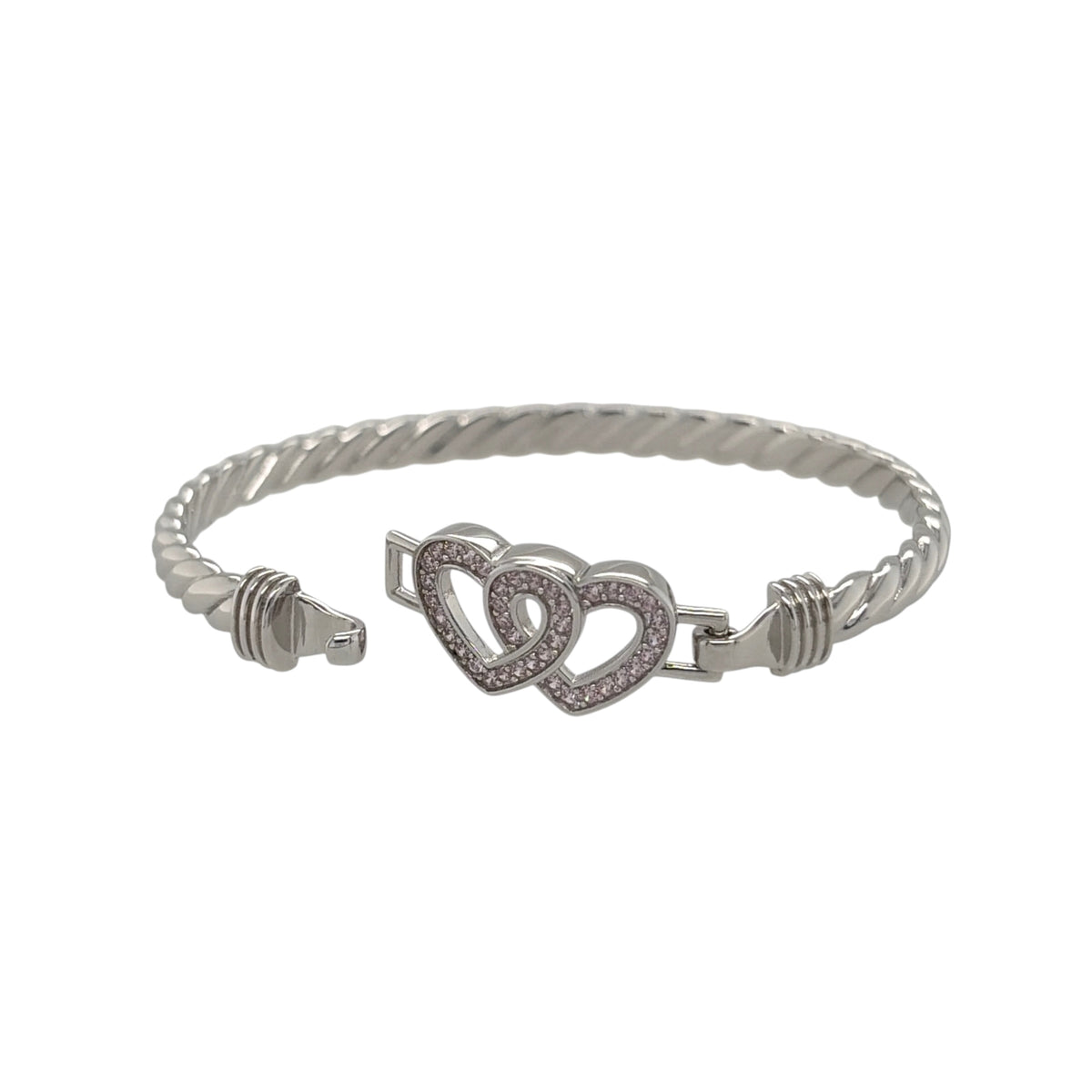 This new 925 sterling silver pink cubic zirconia set children’s double heart twisted bangle is a pretty design, featuring two heart details with colourful stone accents.

Design: Featuring a twisted bangle design with a double heart centrepiece, this children’s bangle has a polished silver finish with pink cubic zirconia detailing.
Material: Made from 925 sterling silver.
Gemstone Detail: Set with pink cubic zirconia stones across the heart design.