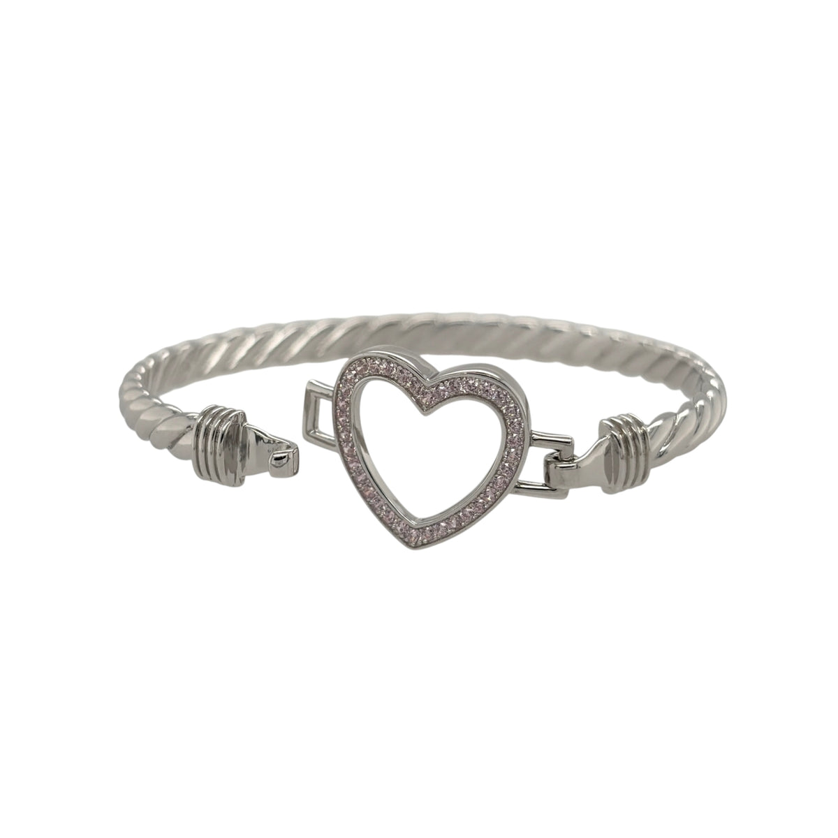 This new 925 sterling silver pink cubic zirconia set children’s open heart twisted bangle is a pretty design, featuring an open heart centrepiece with colourful stone detailing.

Design: Featuring a twisted bangle design with an open heart centrepiece, this children’s bangle has a polished silver finish with pink cubic zirconia detailing.
Material: Made from 925 sterling silver.
Gemstone Detail: Set with pink cubic zirconia stones across the open heart design.