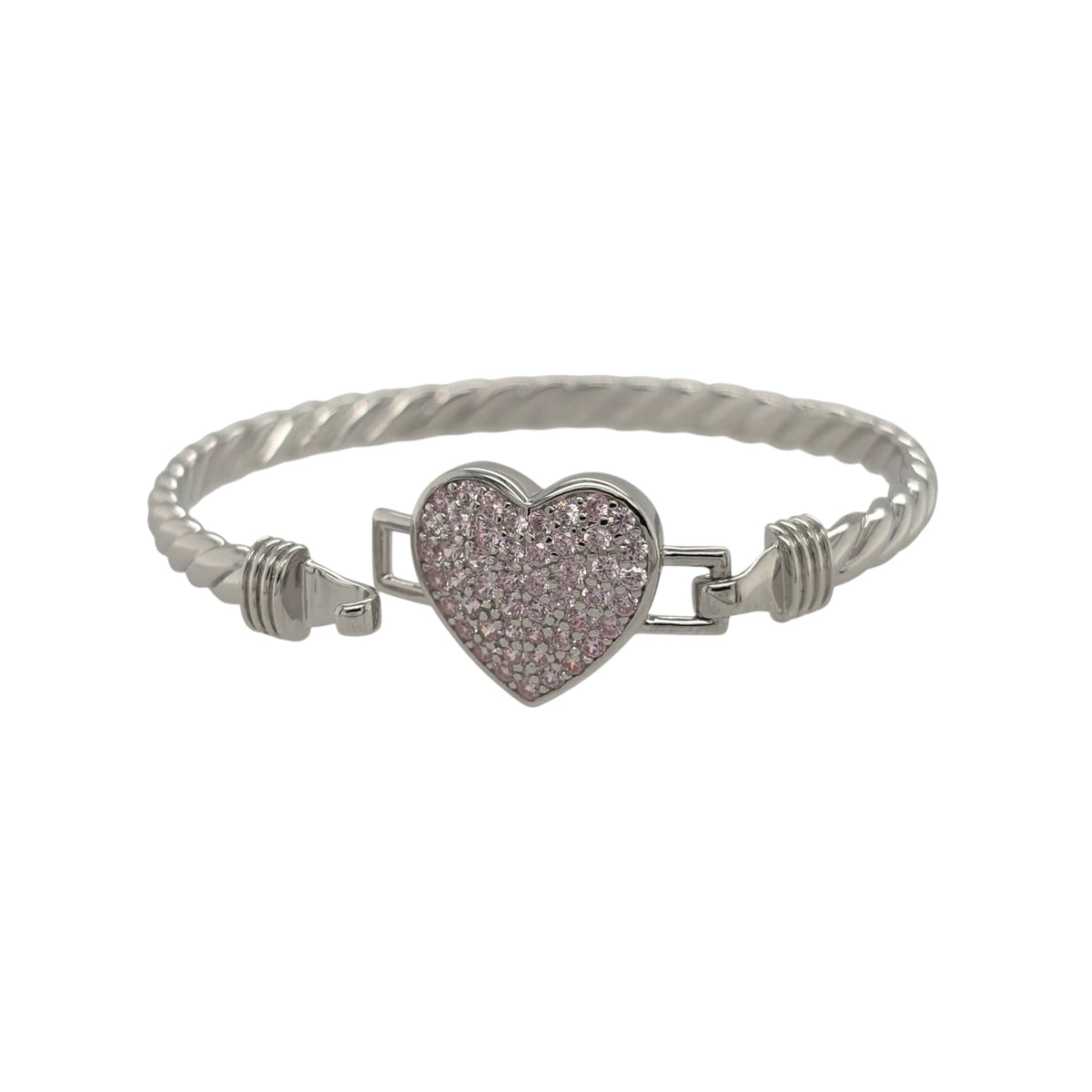 This new 925 sterling silver pink cubic zirconia set children’s heart twisted bangle is a pretty design, featuring a heart centrepiece with colourful stone detailing.

Design: Featuring a twisted bangle design with a heart centrepiece, this children’s bangle has a polished silver finish with pink cubic zirconia detailing.
Material: Made from 925 sterling silver.
Gemstone Detail: Set with pink cubic zirconia stones across the heart design.