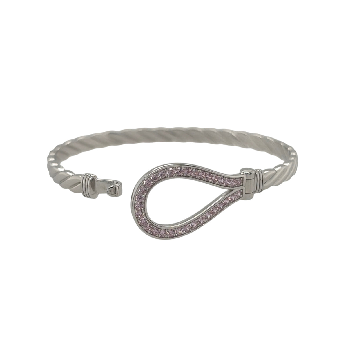 This new 925 sterling silver pink cubic zirconia set children’s horseshoe twisted bangle is a pretty design, featuring a horseshoe centrepiece with colourful stone detailing.

Design: Featuring a twisted bangle design with a horseshoe centrepiece, this children’s bangle has a polished silver finish with pink cubic zirconia detailing.
Material: Made from 925 sterling silver.
Gemstone Detail: Set with pink cubic zirconia stones across the horseshoe design.