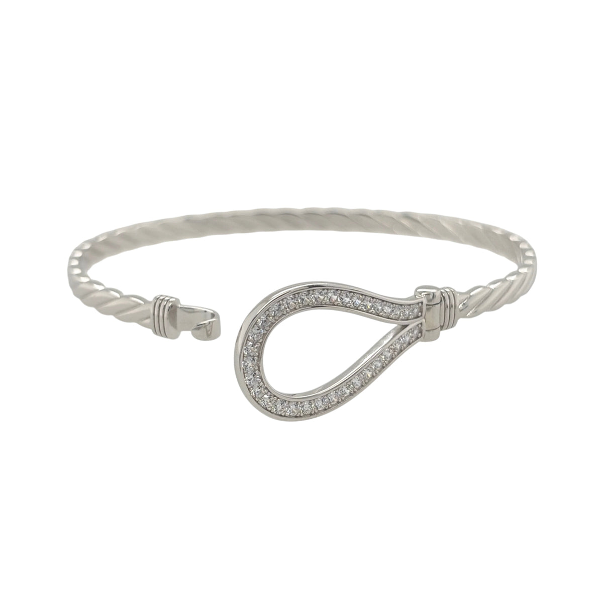 This new 925 sterling silver cubic zirconia set horseshoe bangle is a distinctive design, featuring a horseshoe centrepiece with stone detailing.

Design: Featuring a horseshoe design across the front, this bangle has a polished silver finish with cubic zirconia detailing.
Material: Made from 925 sterling silver.
Gemstone Detail: Set with cubic zirconia stones across the horseshoe design.
Bangle Detail: The front of the bangle measures approximately 17mm high.