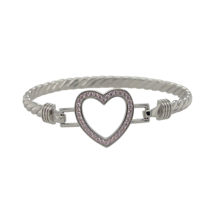 New 925 Silver & Pink Cubic Zirconia Set Open Heart Bangle