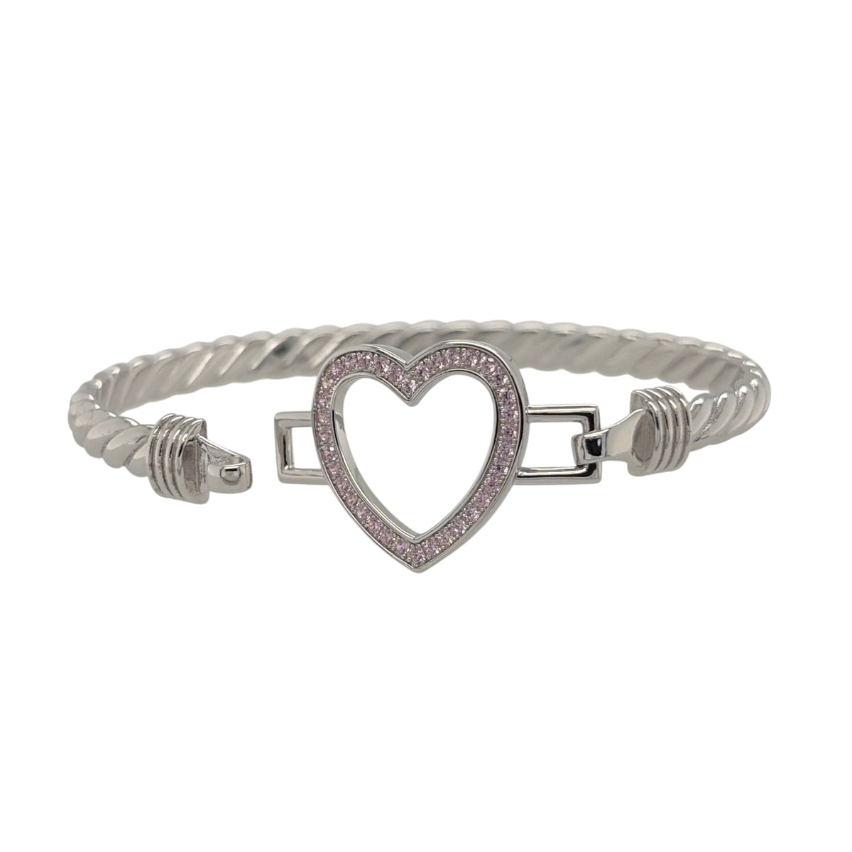 This new 925 sterling silver pink cubic zirconia set open heart twisted bangle is a stylish design, featuring an open heart centrepiece with colourful stone detailing.

Design: Featuring a twisted bangle design with an open heart centrepiece, this bangle has a polished silver finish with pink cubic zirconia detailing.
Material: Made from 925 sterling silver.
Gemstone Detail: Set with pink cubic zirconia stones across the open heart design.