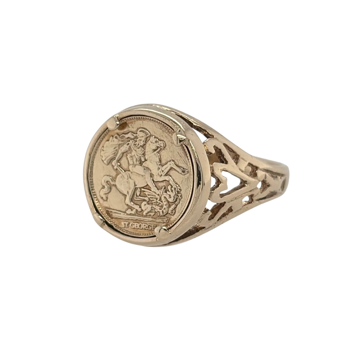This pre-owned 9ct yellow gold George and the Dragon coin ring is a traditional design, featuring the iconic George and the Dragon motif across the front.

Design: Featuring a coin-style centrepiece displaying the George and the Dragon motif, this ring has a traditional appearance finished in warm 9ct yellow gold.
Material: Made from 9-carat yellow gold.
Ring Detail: The front of the ring measures approximately 12mm high.
Size & Weight: Ring size H to I. Total weight 2.40 grams.