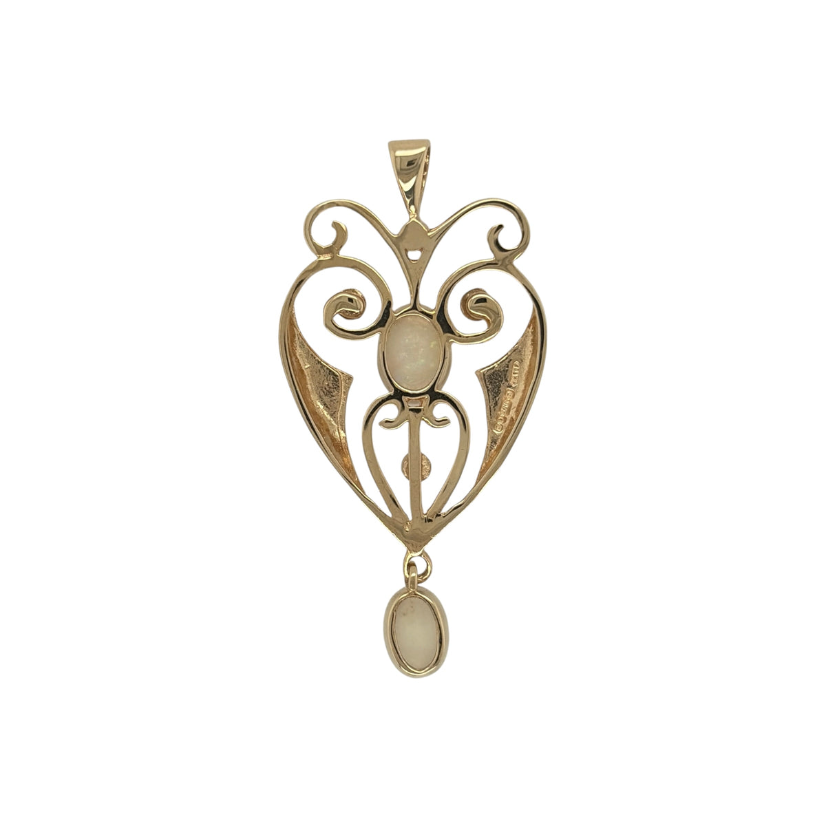 This pre-owned 9ct yellow gold opalique and pearl fancy vintage-style pendant is an ornate design, featuring two opalique stones with delicate seed pearl detailing.

Design: Featuring a decorative vintage-style design, this pendant combines two opalique stones with four seed pearls in an ornate 9ct yellow gold setting.
Material: Made from 9-carat yellow gold.