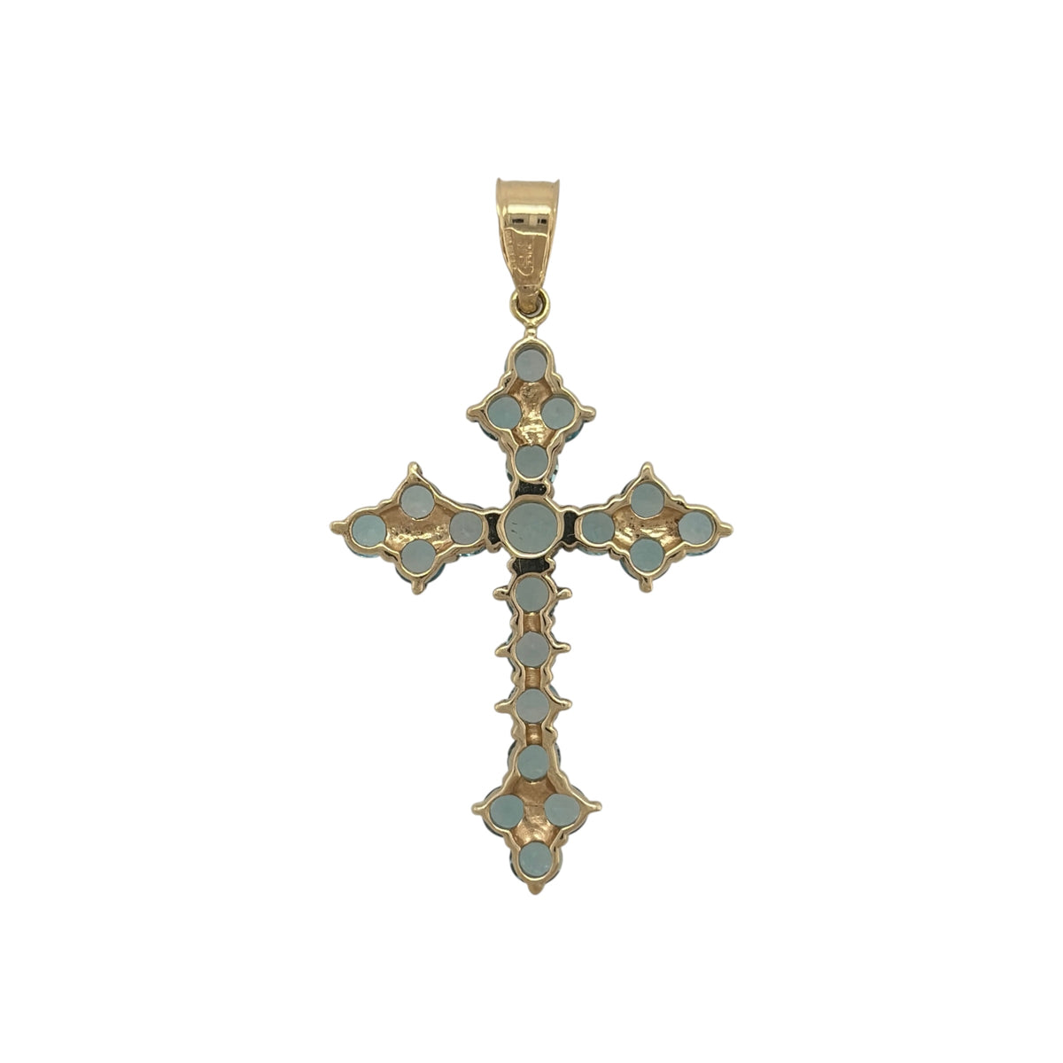 This pre-owned 9ct yellow gold blue stone set cross pendant is a distinctive design, featuring colourful blue stone detailing across a traditional cross shape.

Design: Featuring a classic cross design set with blue stones, this pendant is finished in warm 9ct yellow gold for a bold and colourful appearance.
Material: Made from 9-carat yellow gold.
Gemstone Detail: Set with multiple blue stones across the cross design.
Pendant Detail: The pendant measures approximately 41mm by 22mm including the bail.