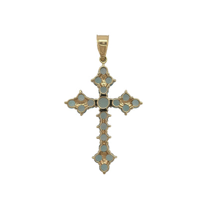 This pre-owned 9ct yellow gold blue stone set cross pendant is a distinctive design, featuring colourful blue stone detailing across a traditional cross shape.

Design: Featuring a classic cross design set with blue stones, this pendant is finished in warm 9ct yellow gold for a bold and colourful appearance.
Material: Made from 9-carat yellow gold.
Gemstone Detail: Set with multiple blue stones across the cross design.
Pendant Detail: The pendant measures approximately 41mm by 22mm including the bail.