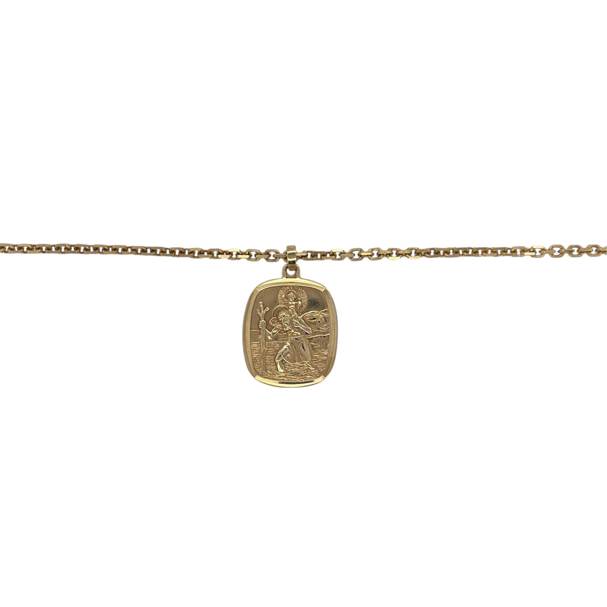 This pre-owned 9ct yellow gold St Christopher pendant necklace is a traditional design, featuring a rounded rectangular St Christopher pendant on a classic belcher chain.

Design: Featuring a rounded rectangular St Christopher pendant, this necklace has a traditional symbolic design finished in warm 9ct yellow gold.
Material: Made from 9-carat yellow gold.
Pendant Detail: The St Christopher pendant measures approximately 3cm long including the bail.