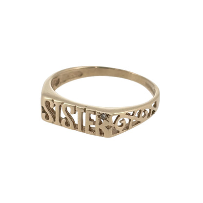 This pre-owned 9ct yellow gold diamond Sister ring is a meaningful design, featuring decorative lettering with diamond detailing across the front.

Design: Featuring the word “Sister” across the front, this ring has a sentimental design finished in warm 9ct yellow gold with diamond detailing.
Material: Made from 9-carat yellow gold.
Gemstone Detail: Set with diamond detailing within the Sister design.
Ring Detail: The front of the band measures approximately 5mm wide.