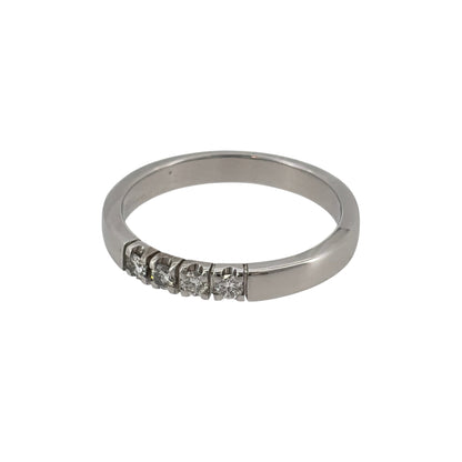 This pre-owned 14ct white gold diamond four stone band ring is a classic design, featuring four diamonds set across the front of the band.

Design: Featuring a four stone diamond design, this ring has a simple band profile finished in polished 14ct white gold.
Material: Made from 14-carat white gold.
Gemstone Detail: Set with four diamonds across the front of the ring.
Ring Detail: The front of the band measures approximately 3mm wide.
Size & Weight: Ring size M. Total weight 3.30 grams.