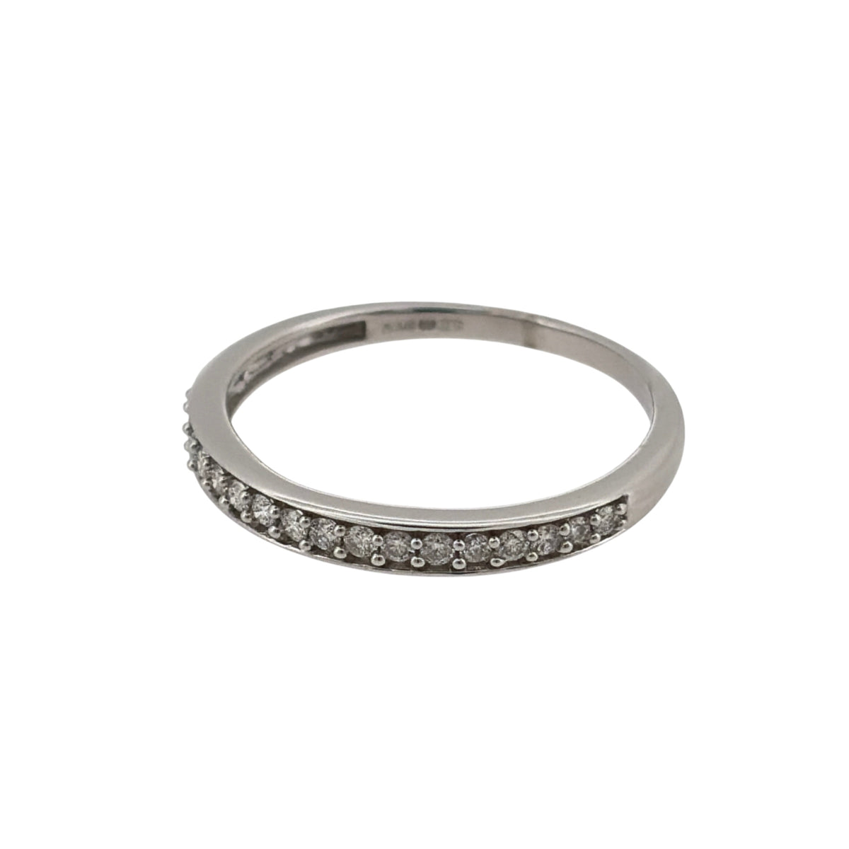This pre-owned 9ct white gold diamond band ring is a classic design, featuring diamond detailing across the front of a slim band.

Design: Featuring a simple diamond-set band design, this ring has a slim profile finished in polished 9ct white gold.
Material: Made from 9-carat white gold.
Gemstone Detail: Set with diamonds across the front of the band.
Ring Detail: The front of the band measures approximately 2mm wide.
Size & Weight: Ring size O. Total weight 1.60 grams.