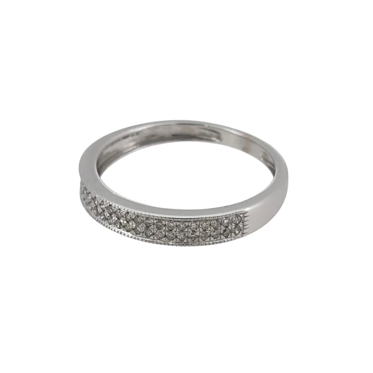 This pre-owned 9ct white gold double row diamond band ring is a classic design, featuring two rows of diamond detailing across the front.

Design: Featuring a double row design, this ring has two rows of diamonds set across the front of the band and is finished in polished 9ct white gold.
Material: Made from 9-carat white gold.
Gemstone Detail: Set with two rows of diamonds across the front of the ring.
Ring Detail: The front of the band measures approximately 3mm wide.