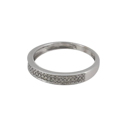 This pre-owned 9ct white gold double row diamond band ring is a classic design, featuring two rows of diamond detailing across the front.

Design: Featuring a double row design, this ring has two rows of diamonds set across the front of the band and is finished in polished 9ct white gold.
Material: Made from 9-carat white gold.
Gemstone Detail: Set with two rows of diamonds across the front of the ring.
Ring Detail: The front of the band measures approximately 3mm wide.
