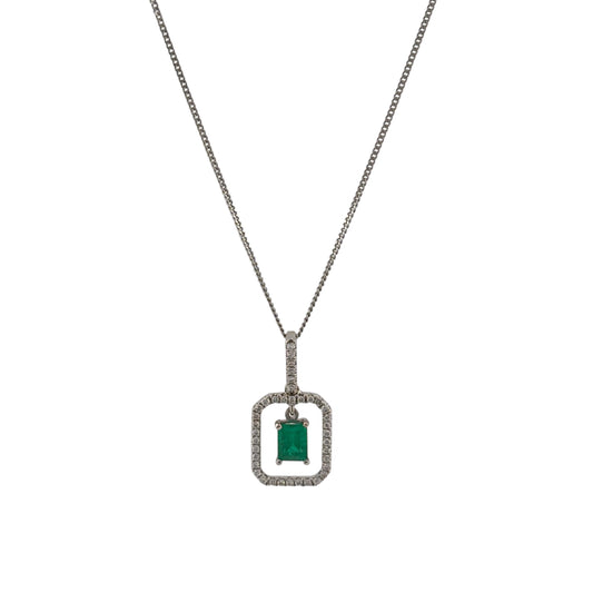 18ct White Gold Diamond & Emerald Halo 18" Necklace