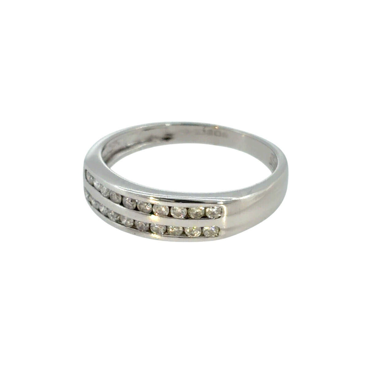 This pre-owned 9ct white gold diamond double row band ring is a classic design, featuring two rows of diamond detailing across the front.
Design: Featuring a double row design, this ring has two rows of diamonds set across the front of the band and is finished in polished 9ct white gold.
Material: Made from 9-carat white gold.
Gemstone Detail: Set with two rows of diamonds across the front of the ring.
Ring Detail: The front of the band measures approximately 5mm wide.