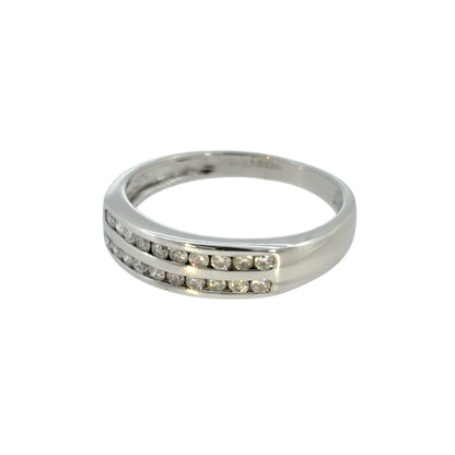 This pre-owned 9ct white gold diamond double row band ring is a classic design, featuring two rows of diamond detailing across the front.
Design: Featuring a double row design, this ring has two rows of diamonds set across the front of the band and is finished in polished 9ct white gold.
Material: Made from 9-carat white gold.
Gemstone Detail: Set with two rows of diamonds across the front of the ring.
Ring Detail: The front of the band measures approximately 5mm wide.