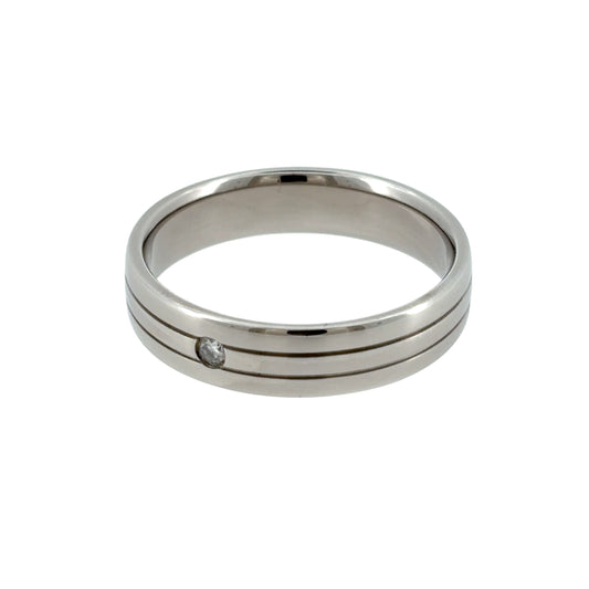 This pre-owned 9ct white gold diamond band ring is a classic design, featuring a single brilliant cut diamond set into a wider band.

Design: Featuring a simple band design with a single diamond as the focal point, this ring has a clean profile finished in polished 9ct white gold.
Material: Made from 9-carat white gold.
Gemstone Detail: Set with one brilliant cut diamond within the band.
Ring Detail: The band measures approximately 5mm wide.
Size &amp; Weight: Ring size S. Total weight 5.30 grams.