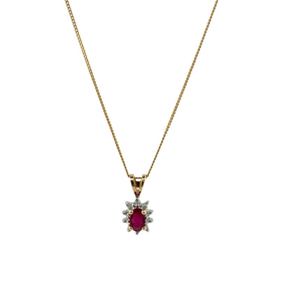 9ct Gold Diamond & Ruby Cluster 18" Necklace