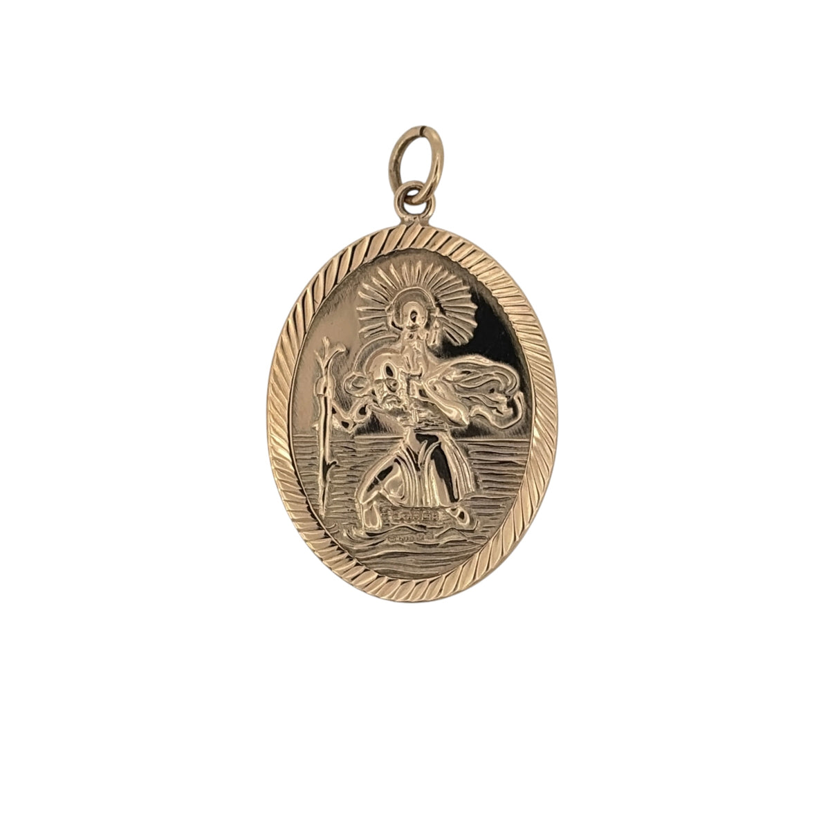 Add a meaningful and traditional piece to your jewellery collection with this pre-owned 9ct yellow gold oval double-sided St Christopher pendant, featuring a classic religious design often associated with travel and protection.

Design: The pendant features an oval double-sided design with St Christopher detailing, giving the piece interest from both sides while retaining a timeless and traditional appearance.