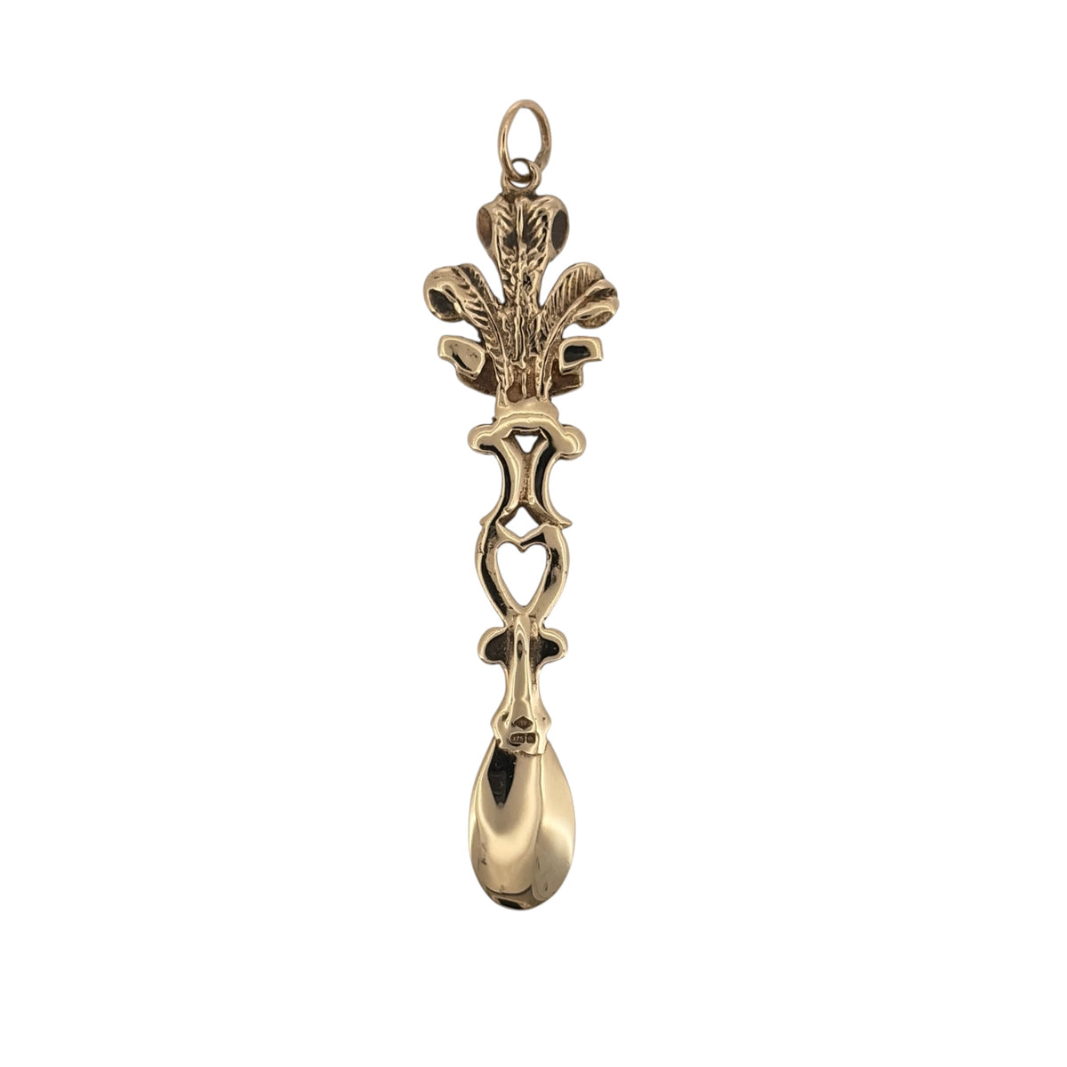 Celebrate Welsh tradition with this pre-owned 9ct yellow gold Welsh Three Feathers lovespoon pendant, combining two recognisable Welsh-inspired motifs in a distinctive and meaningful gold design.

Design: The pendant features a traditional lovespoon shape incorporating the Welsh Three Feathers motif, creating an elongated and decorative design inspired by Welsh heritage.