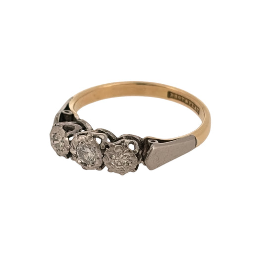 Add timeless diamond styling to your jewellery collection with this pre-owned 18ct yellow gold and platinum diamond trilogy ring, featuring three diamonds in a classic and elegant three-stone design.

Design: The ring features a traditional trilogy arrangement with three diamonds positioned across the front, creating a balanced and timeless design suitable for both everyday wear and special occasions.