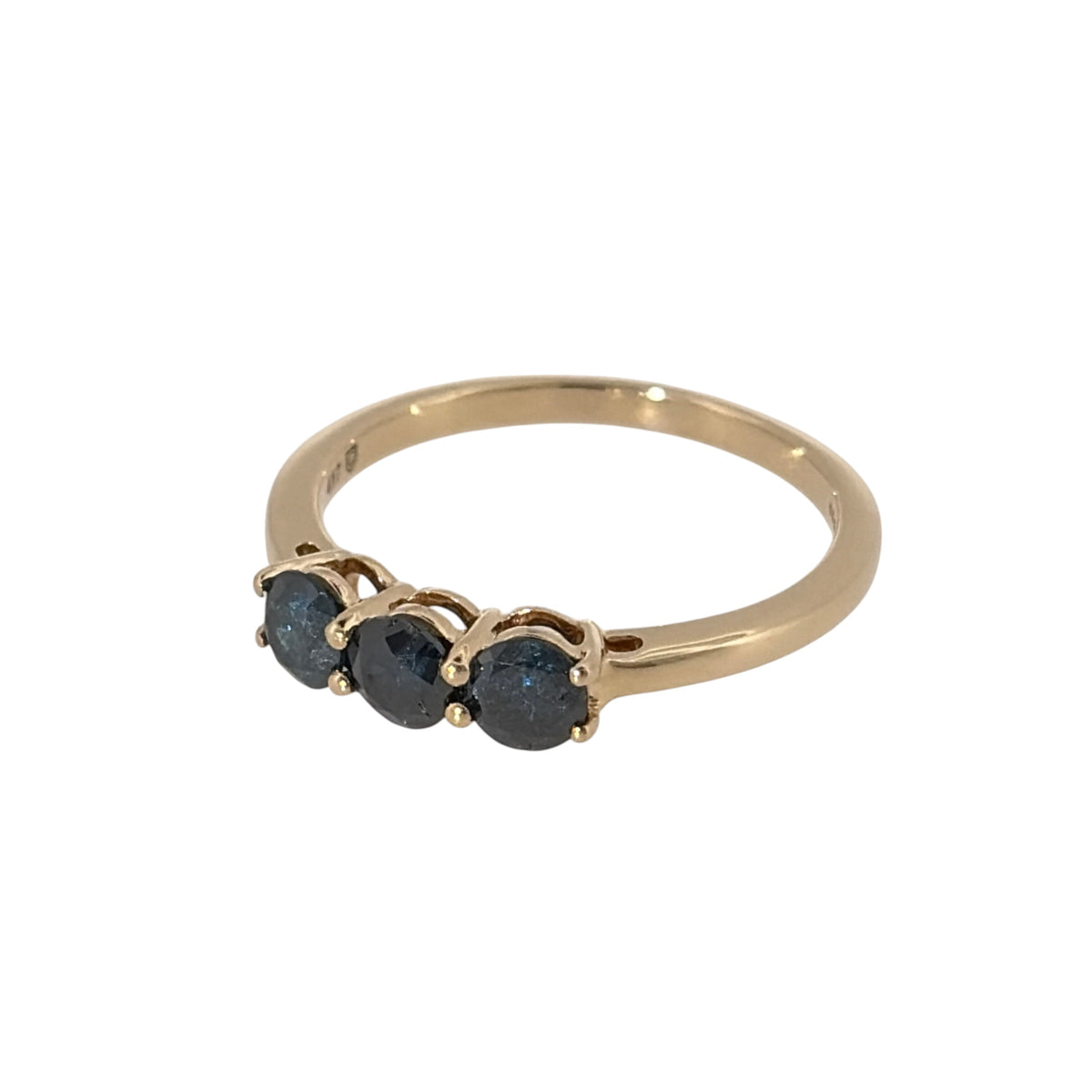 Add distinctive colour and classic diamond styling to your jewellery collection with this pre-owned 9ct yellow gold blue diamond trilogy ring, featuring three blue diamonds with approximately 0.50ct of total diamond content.

Design: The ring features a classic trilogy arrangement with three blue diamonds positioned across the front, creating a balanced and eye-catching three-stone design.