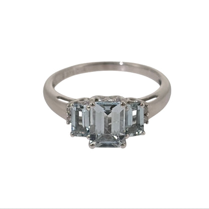 9ct White Gold Diamond & Aquamarine Trilogy Ring