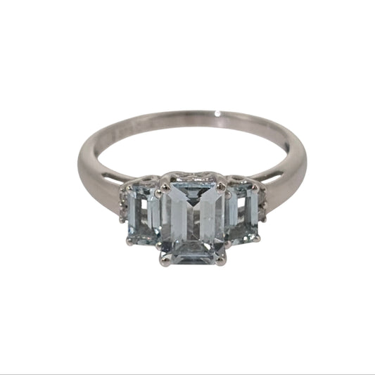 9ct White Gold Diamond & Aquamarine Trilogy Ring