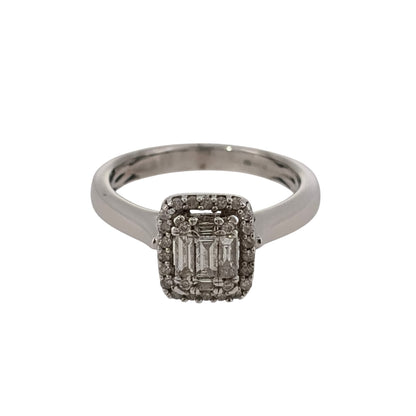 9ct White Gold & Diamond Rectangle Halo Cluster Ring
