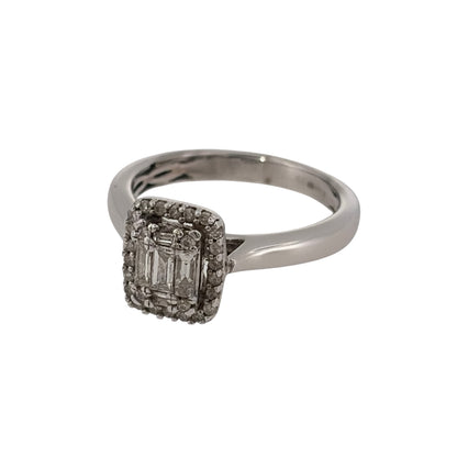 Add distinctive diamond detail to your jewellery collection with this pre-owned 9ct white gold rectangular halo cluster ring, combining brilliant and baguette-cut diamonds in an elegant geometric design.

Design: The ring features a rectangular halo cluster design, with a combination of diamond cuts creating a structured and eye-catching focal point across the front of the ring.