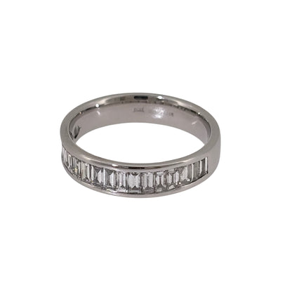 Add sleek diamond detail to your jewellery collection with this pre-owned 18ct white gold diamond band ring, featuring baguette-cut diamonds across a classic 4mm wide band.

Design: The ring features a clean band-style design with baguette-cut diamonds arranged across the front, creating a structured and contemporary appearance.
Material: Made from 18-carat white gold, the bright finish complements the diamonds and enhances the clean lines of the baguette-cut stones.