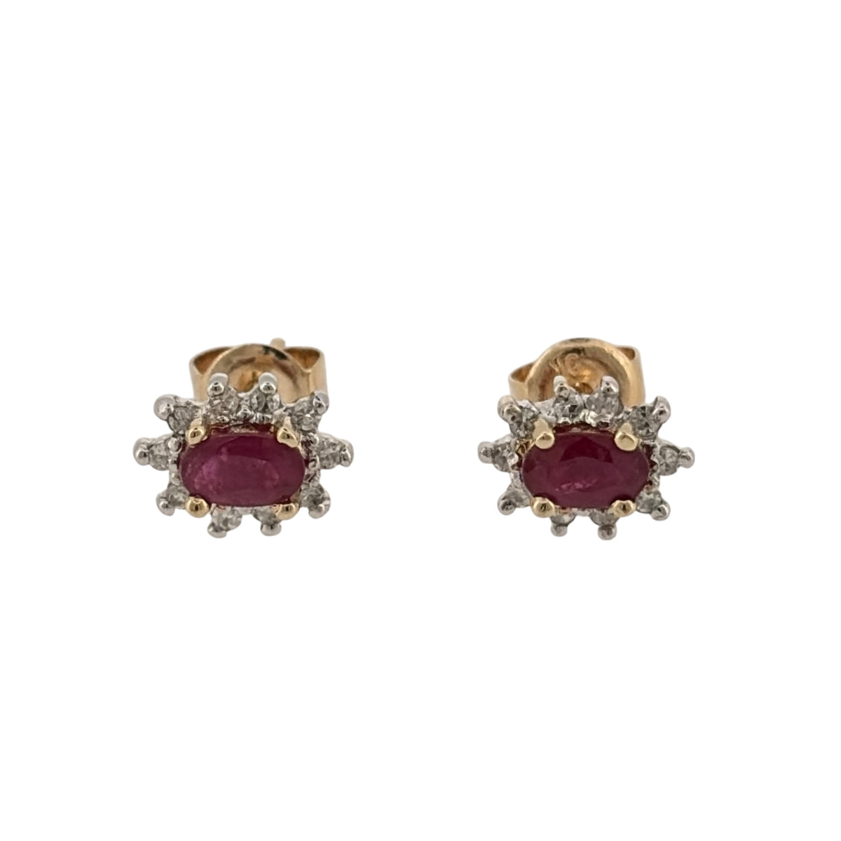 Add rich colour and classic gemstone styling to your jewellery collection with these pre-owned 9ct yellow gold diamond and ruby cluster stud earrings, featuring oval rubies surrounded by diamonds in a timeless design.

Design: Each stud features an oval ruby at the centre, framed by surrounding diamonds to create a classic cluster design with an elegant and eye-catching appearance.