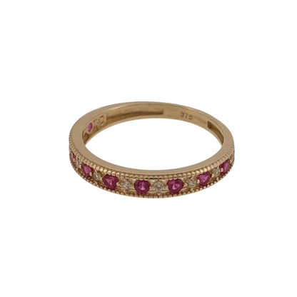 New 9ct Gold Ruby coloured pink stone &amp; Cubic Zirconia milgrain edge Band Ring in various sizes with the approximate weight 1.10 grams. The front of the band is approx 3mm wide