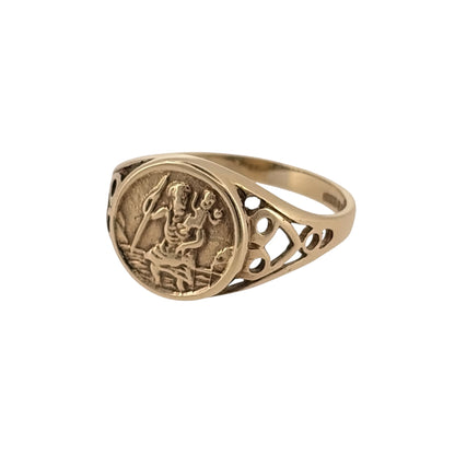 Add a meaningful traditional piece to your jewellery collection with this pre-owned 9ct yellow gold St Christopher signet ring, featuring the iconic patron saint of travellers in a classic signet-style design.

Design: The ring features a traditional signet shape with a St Christopher motif displayed across the front, creating a distinctive design with symbolic character.