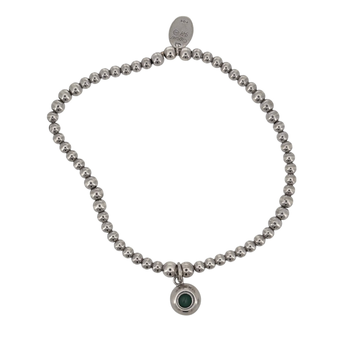 Add an easy-to-wear Clogau piece to your jewellery collection with this pre-owned beaded stretch bracelet, combining 925 sterling silver, 9ct rose gold detailing and a green stone accent.

Design: The bracelet features an elasticated beaded design, allowing it to stretch comfortably over the hand while creating a classic and versatile appearance on the wrist.
Material: Made from 925 sterling silver with 9-carat rose gold Clogau detailing, the contrasting metals create a distinctive two-tone finish.