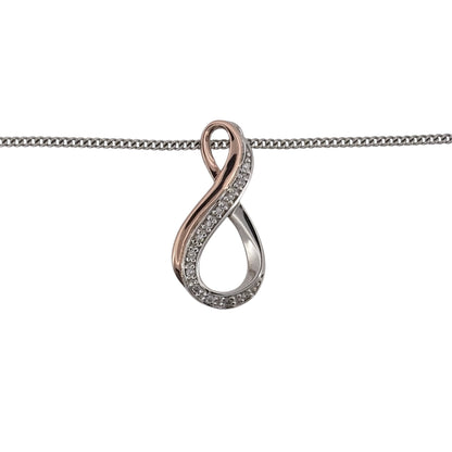 Add a meaningful Clogau piece to your jewellery collection with this pre-owned Infinity pendant necklace, combining 925 sterling silver, 9ct rose gold detailing and white topaz in an elegant two-tone design.

Design: The pendant features a flowing infinity symbol, creating a timeless design associated with everlasting love and connection.
Material: Made from 925 sterling silver with 9-carat rose gold Clogau detailing, the contrasting metals highlight the curves of the infinity design.
